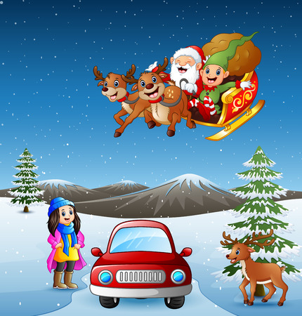 Vector illustration of happy girl near the car in the hill with santa flying above herのイラスト素材