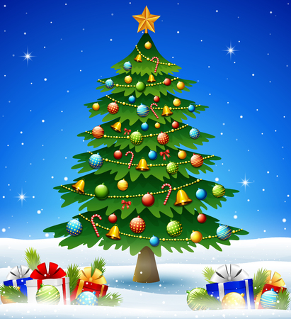 Vector illustration of Christmas tree in winter background with gift boxes and ballsのイラスト素材