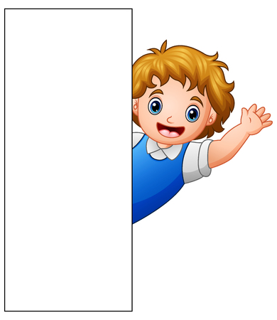 Vector illustration of Cartoon happy boy with blank signのイラスト素材
