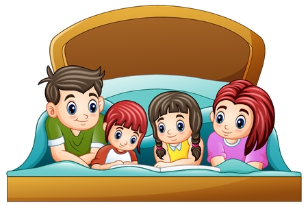 Vector illustration of Family reading a book to two daughter on bed on a white backgroundのイラスト素材