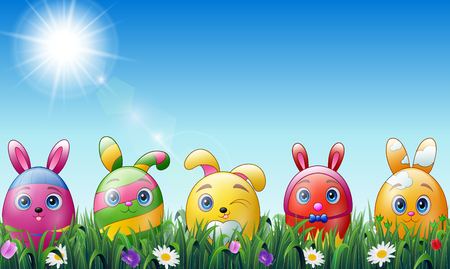 Vector illustration of Set of Easter eggs cartoon character with bunnies ears in grass backgroundのイラスト素材