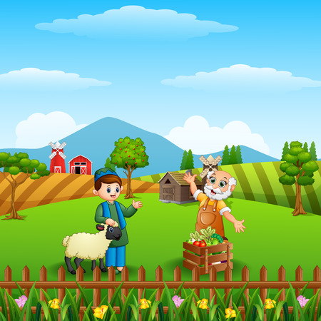 Cartoon Muslim boy and his sheep with old farmer at the farm backgroundのイラスト素材