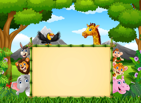 Vector illustration of Animals with a blank sign bambooのイラスト素材