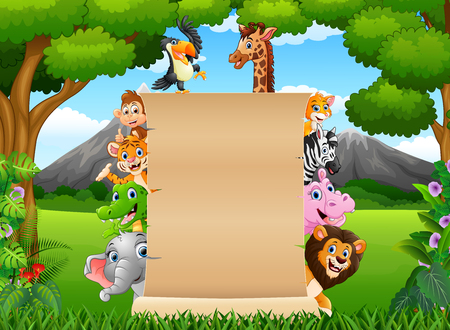 Vector illustration of Animals with a blank sign paperのイラスト素材
