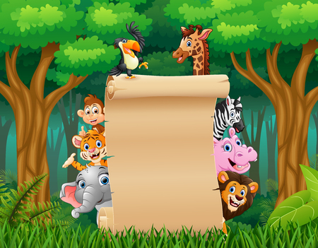 illustration of Animals with a blank sign paperのイラスト素材