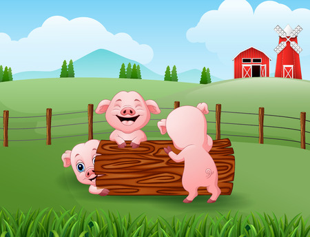 Vector illustration of Three little pig playing in the farmのイラスト素材