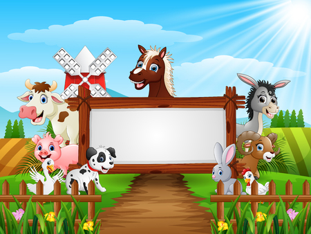 Vector illustration of Farm animals with a blank sign woodのイラスト素材