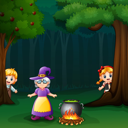 Hansel and gretel in forest with witchのイラスト素材