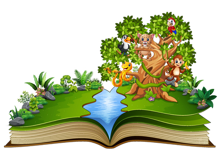 Open book with animals cartoon on the treesのイラスト素材