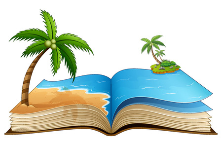 Open book with tropical beach on a white backgroundのイラスト素材
