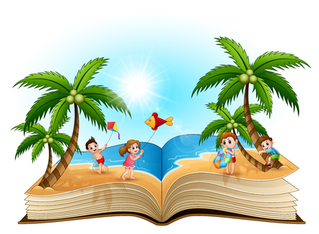 Open book with group of happy children playing on the beachのイラスト素材