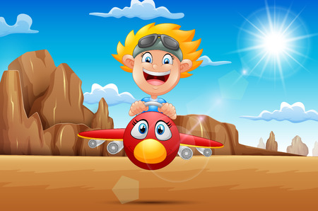 Cartoon boy flying a plane in the desertのイラスト素材