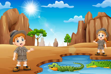 Zookeepers with crocodiles in the desertのイラスト素材