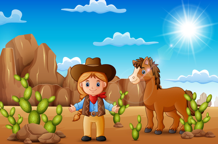 Cartoon happy cowgirl with horse in the desertのイラスト素材