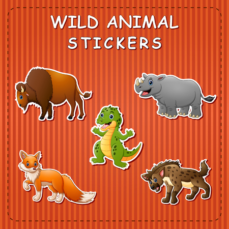 Illustration of cute cartoon wild animals on stickersのイラスト素材