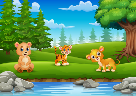 The animals are enjoying nature by the riverのイラスト素材