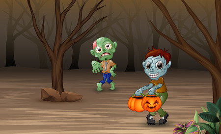Cartoon zombies walking in the dead forestのイラスト素材