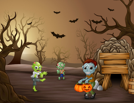 Group of zombies celebration Halloween in dead forestのイラスト素材