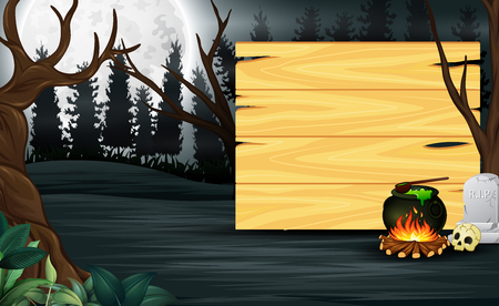 Potion in front of wooden board with full moon backgroundのイラスト素材