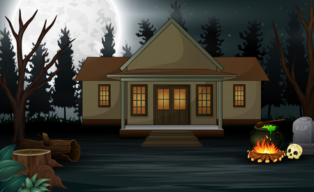 Halloween background with scary house and full moon in the nightのイラスト素材