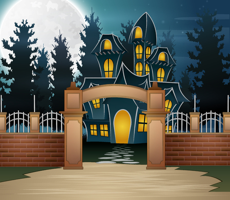 Halloween background with scary house and full moon in the nightのイラスト素材
