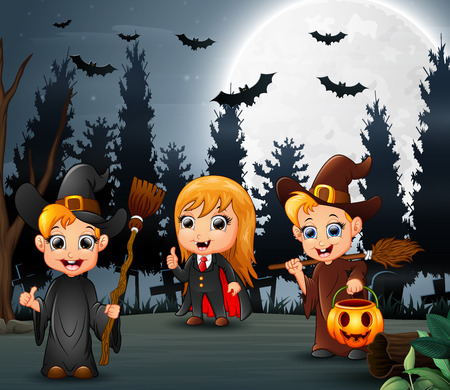Happy kids wearing halloween costume in the gardenのイラスト素材