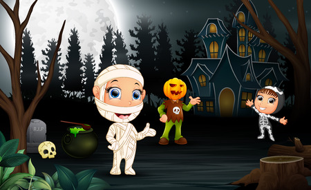 Happy kids wearing halloween costume in the nightのイラスト素材