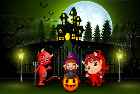 Happy halloween kids outdoors with haunted house backgroundのイラスト素材