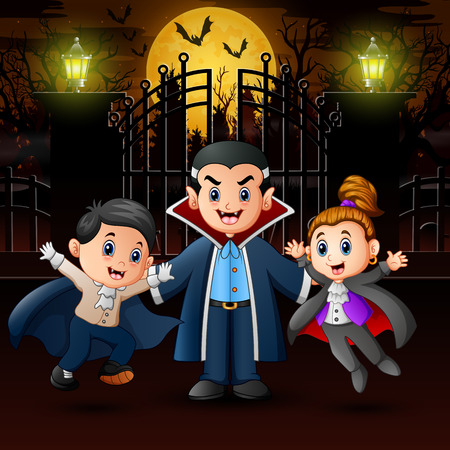 Vampire family in the halloween day outdoors at nightのイラスト素材