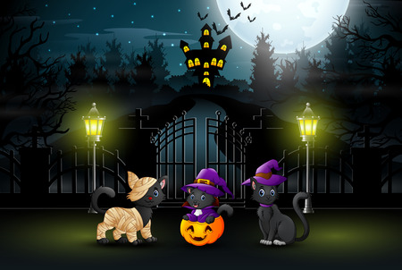Three cute cats at night time halloween partiesのイラスト素材