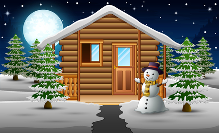 Cute snowman standing in front of the house with a full moon backgroundのイラスト素材
