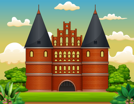 Illustration of the holstentor in the middle of a natural landscapeのイラスト素材