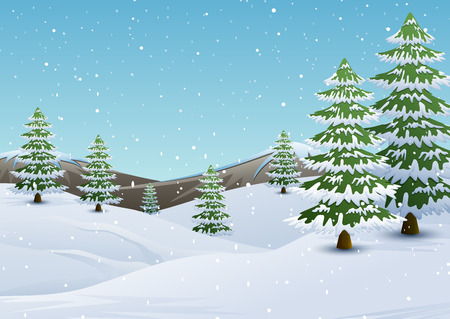 Winter mountains landscape with fir trees and falling snowのイラスト素材