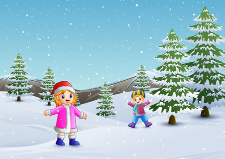 Happy kids playing in winter landscapeのイラスト素材