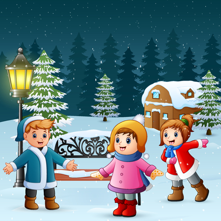 Happy kids play in winter backgroundのイラスト素材