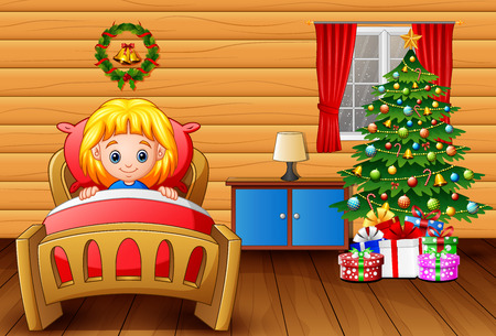 Cartoon a girl going to bed in her room with a christmas treeのイラスト素材