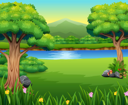 Nature lanscape with a beautiful park and mountainのイラスト素材