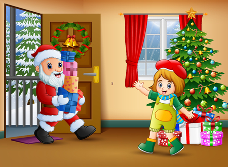 Santa claus holding box gift with little girl in the living roomのイラスト素材