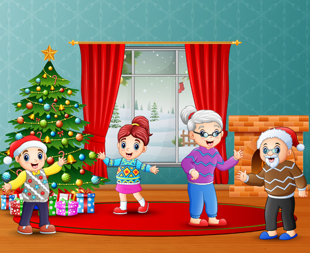 Happy kids celebrating a christmas with grandparentsのイラスト素材