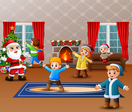 Celebrating a christmas with santa claus and some kidsのイラスト素材