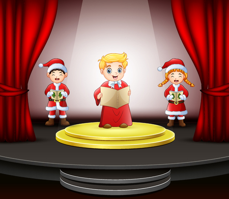 Cartoon three children singing on the stageのイラスト素材
