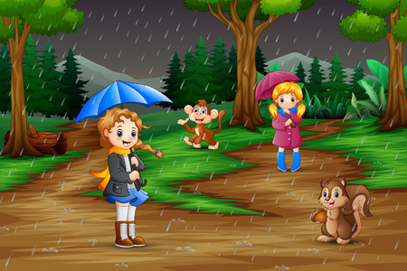 Cartoon two girl playing with animals under the rainのイラスト素材
