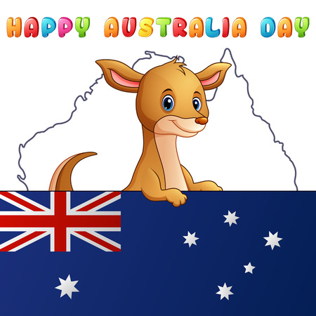 Cartoon cute kangaroo behind a flag on map backgroundのイラスト素材