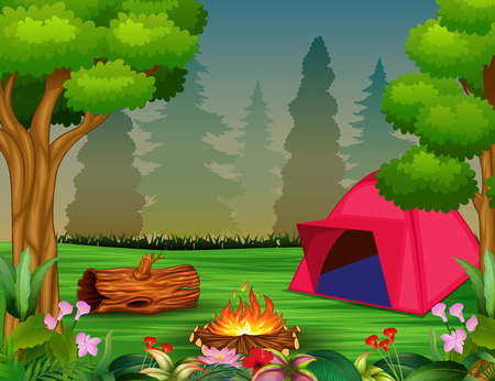 Forest camping concept with pink tentのイラスト素材