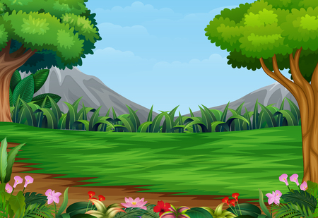 Panoramic beautiful park landscape with mountain backgroundのイラスト素材