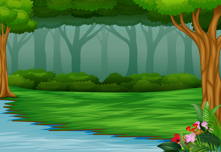 View of the beautiful park by the riverのイラスト素材