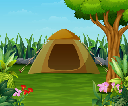 Camping zone with tent scene in the beautiful gardenのイラスト素材