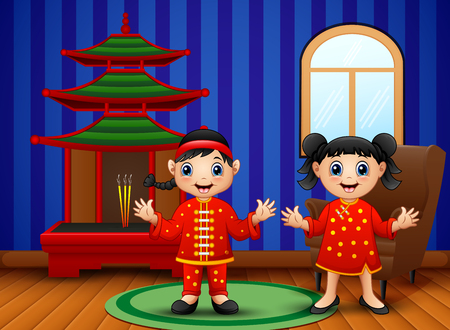 Cartoon chinese kids in the living roomのイラスト素材