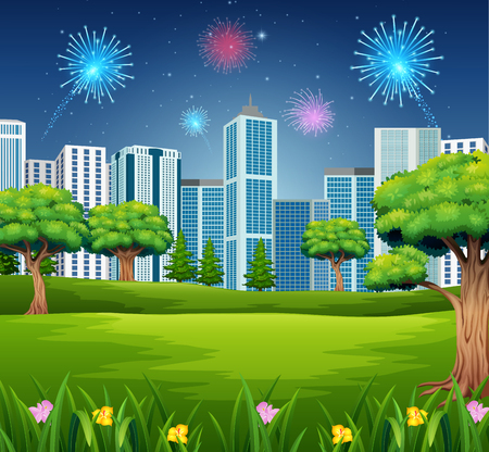 Beautiful garden with cityscape building and fireworks backgroundのイラスト素材
