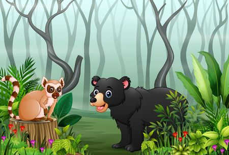 Animals cartoon in a foggy forest with views of dry tree branchesのイラスト素材